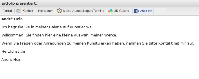 ein Begrüßungstext auf einer Künstlerseite bei Artfolio