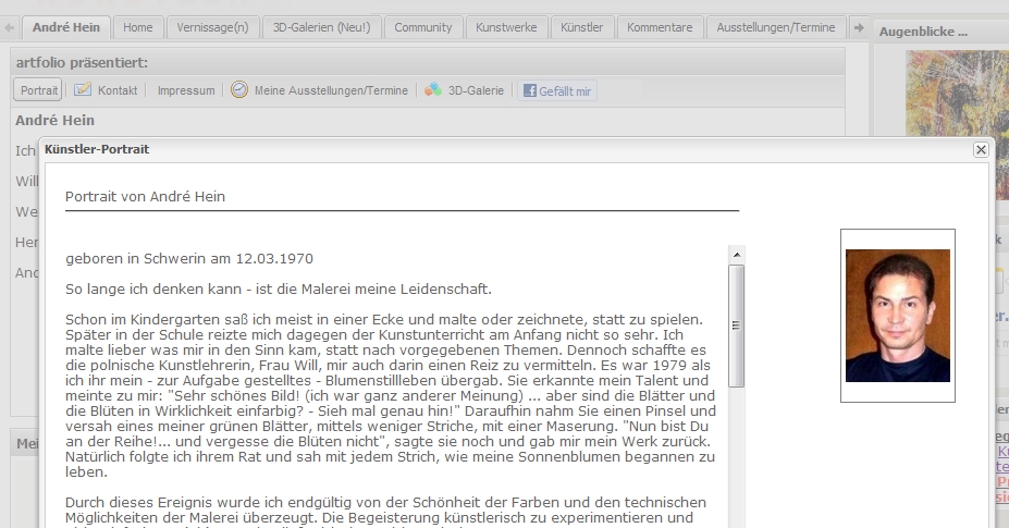 ein Portrait- oder Vita-Text auf einer Künstlerseite bei Artfolio